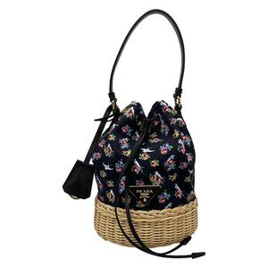 Prada Handbag Black Beige Multi Drawstring Shape Bird Floral Pattern